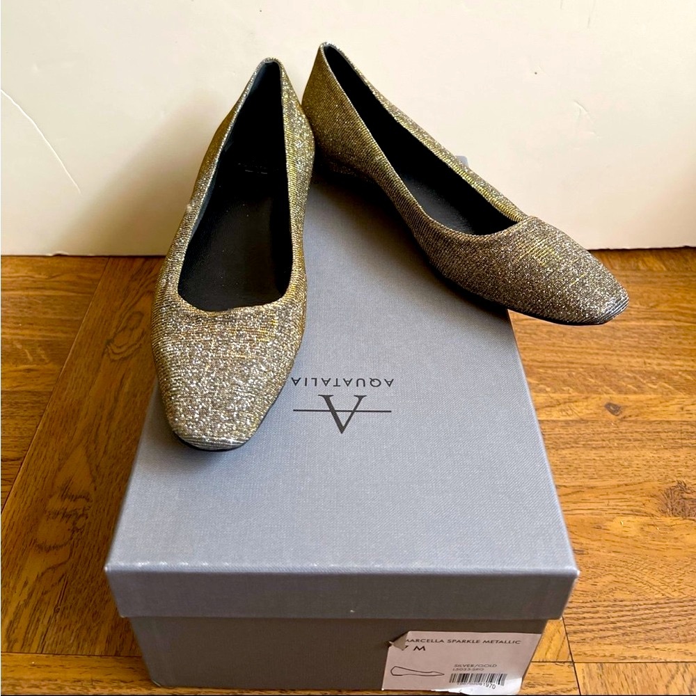 NEW Aquatalia Women's Marcella Gold and Silver Metallic Flats, US Size 7M